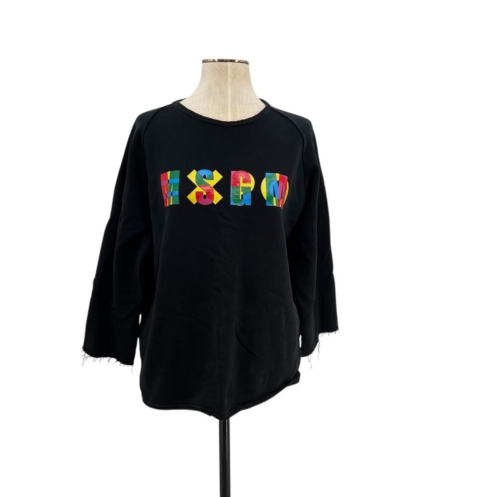 MSGM Black Multicolor‎ Logo Crewneck Sweatshirt Cotton Raw Hem Size Large